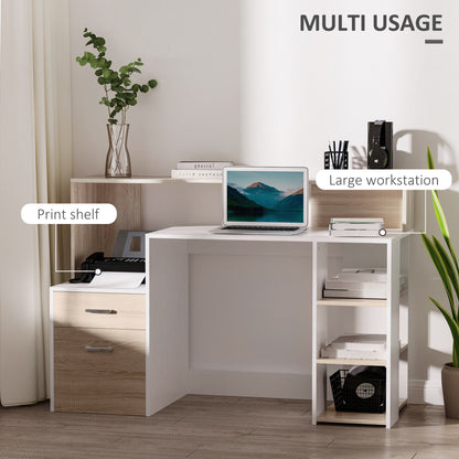 Niledi 137cm Wooden Oak Large Office Desk With Shelves Drawers And Printer Stand