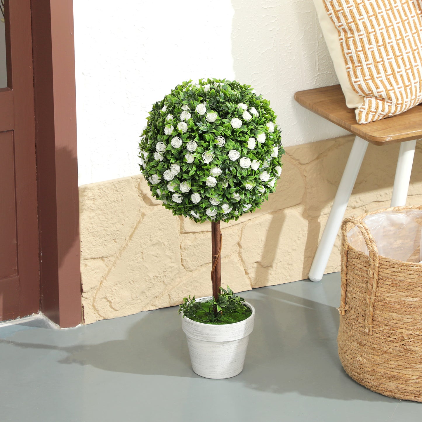 Rahafi Set Of 2 Artificial Rose Flower Topiary Ball Trees In Pots H8 60cm White