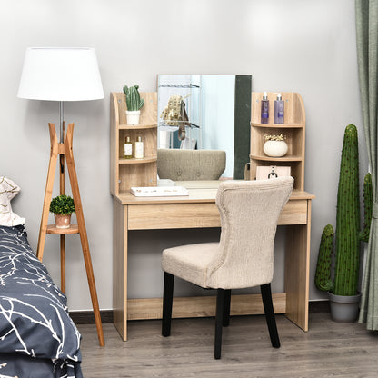 Vermani Natural Wood Dressing Table Desk With Mirror Large Drawers And 2 Tier Open Shelving For Bedroom