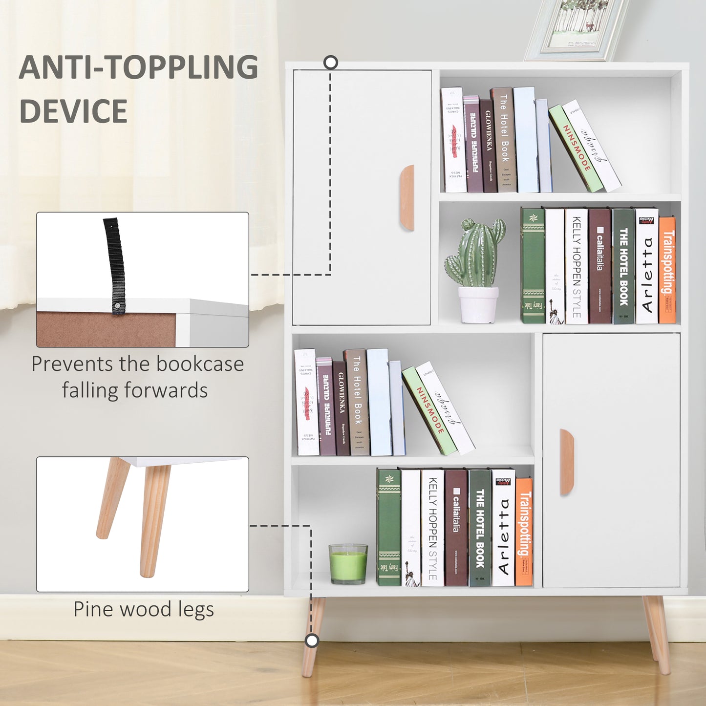 Nefi Wood White Freestanding Bookcase Sideboard With Adjustable Shelves And 2 Doors