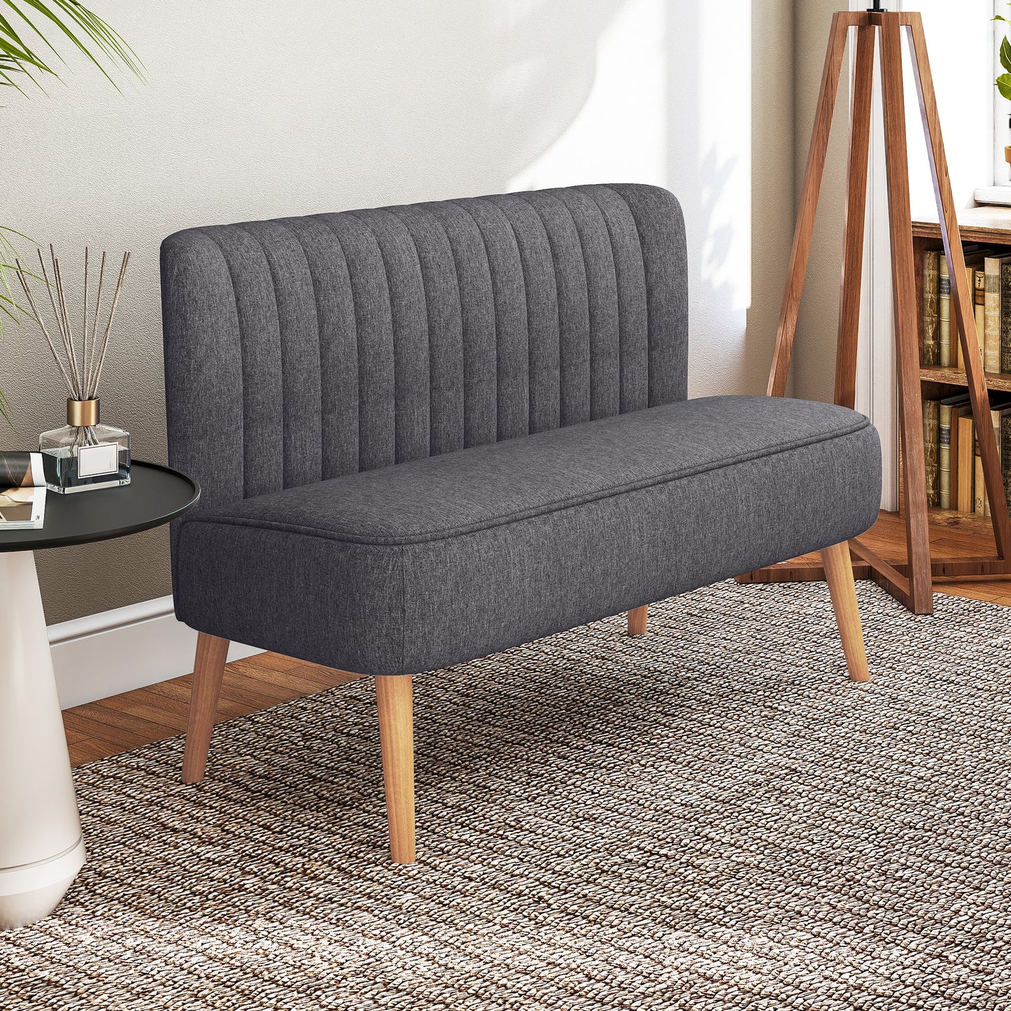 Kecoba Dark Grey Fabric Compact 2 Seater Sofa With Padded Seat And Wooden Legs
