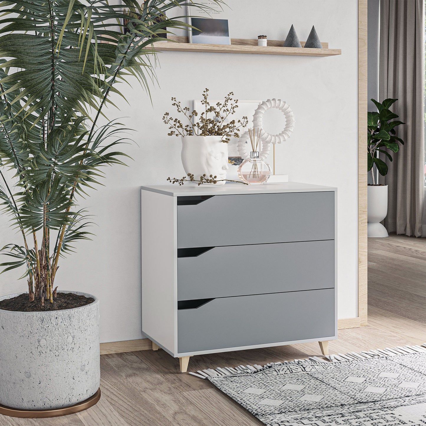 Thako Wood Grey 3 Drawer Chest With Natural Wood Angled Legs