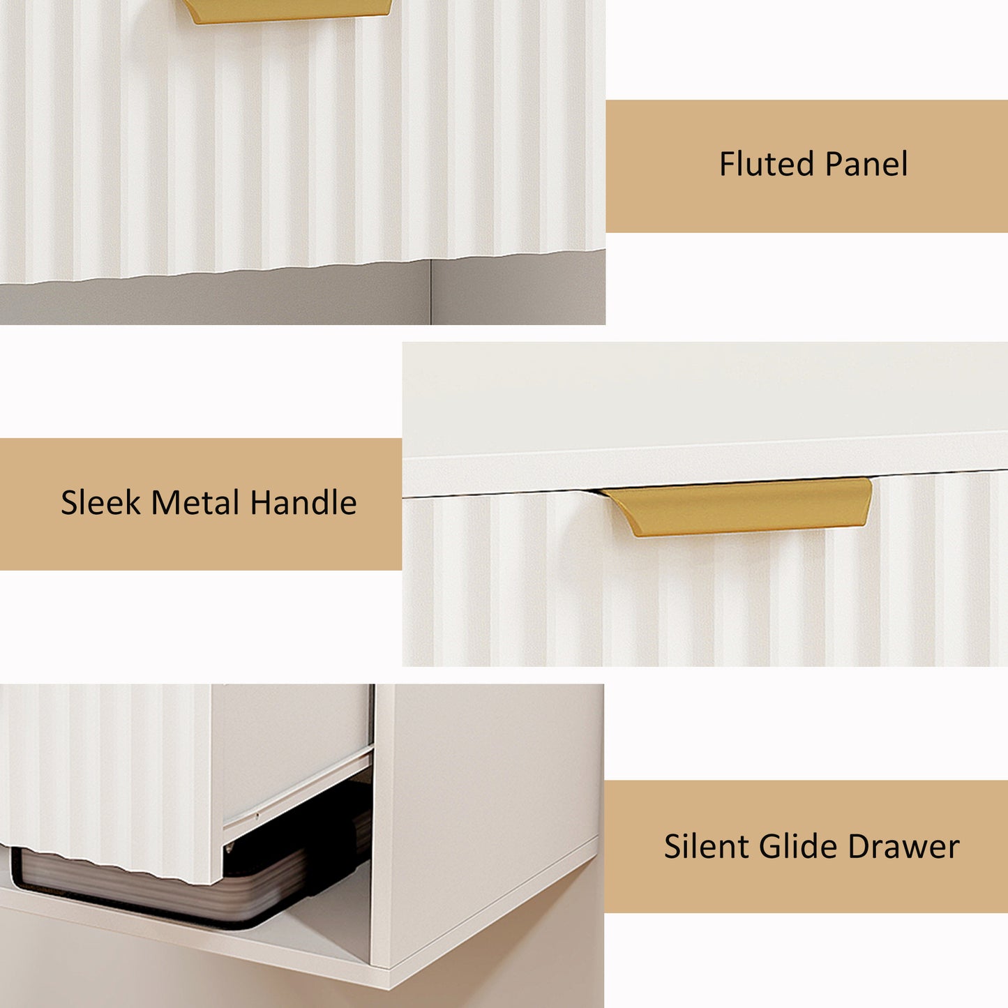 Ludi Set Of 2 Wooden White Wall Mounted Bedside Tables With Fluted Drawer And Shelf