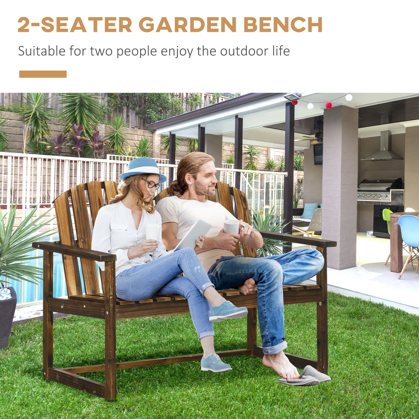 Rozi Wood 2 Seater Outdoor Garden Bench With Slatted Back And Armrests