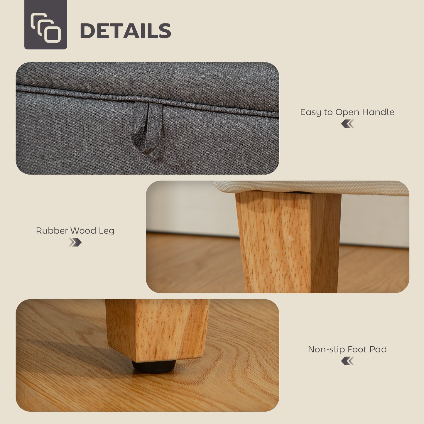 Doma Linen Grey Compact Storage Footstool With Storage Natural Wooden Legs