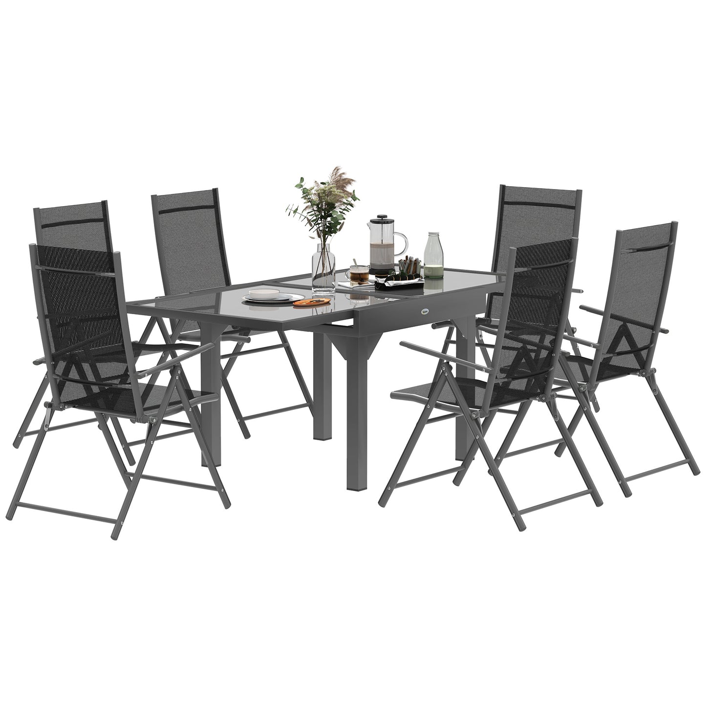 Cosuri 6 Seater Grey Mesh Outdoor Dining Set with Extendable Table and Folding Chairs