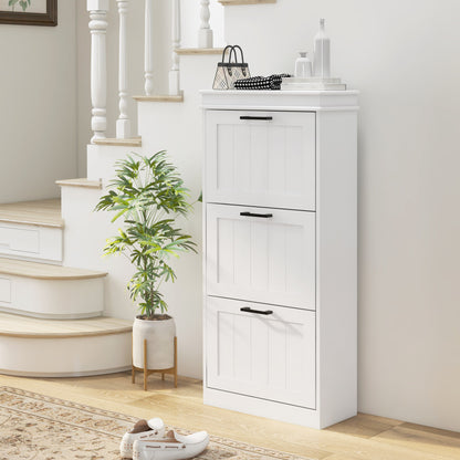 Naravi Vino Wooden White Minimal 3 Drawer Shoe Cabinet For 15 Pairs