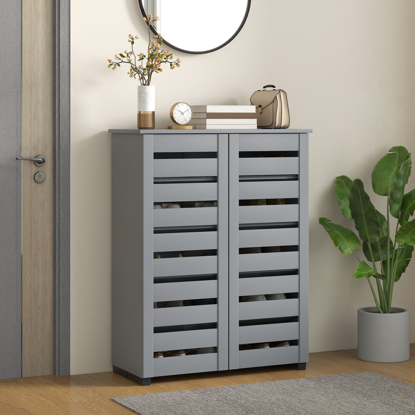 Zifa Wooden Grey Slim Shoe Cabinet With 5 Tier Storage And Slatted Doors