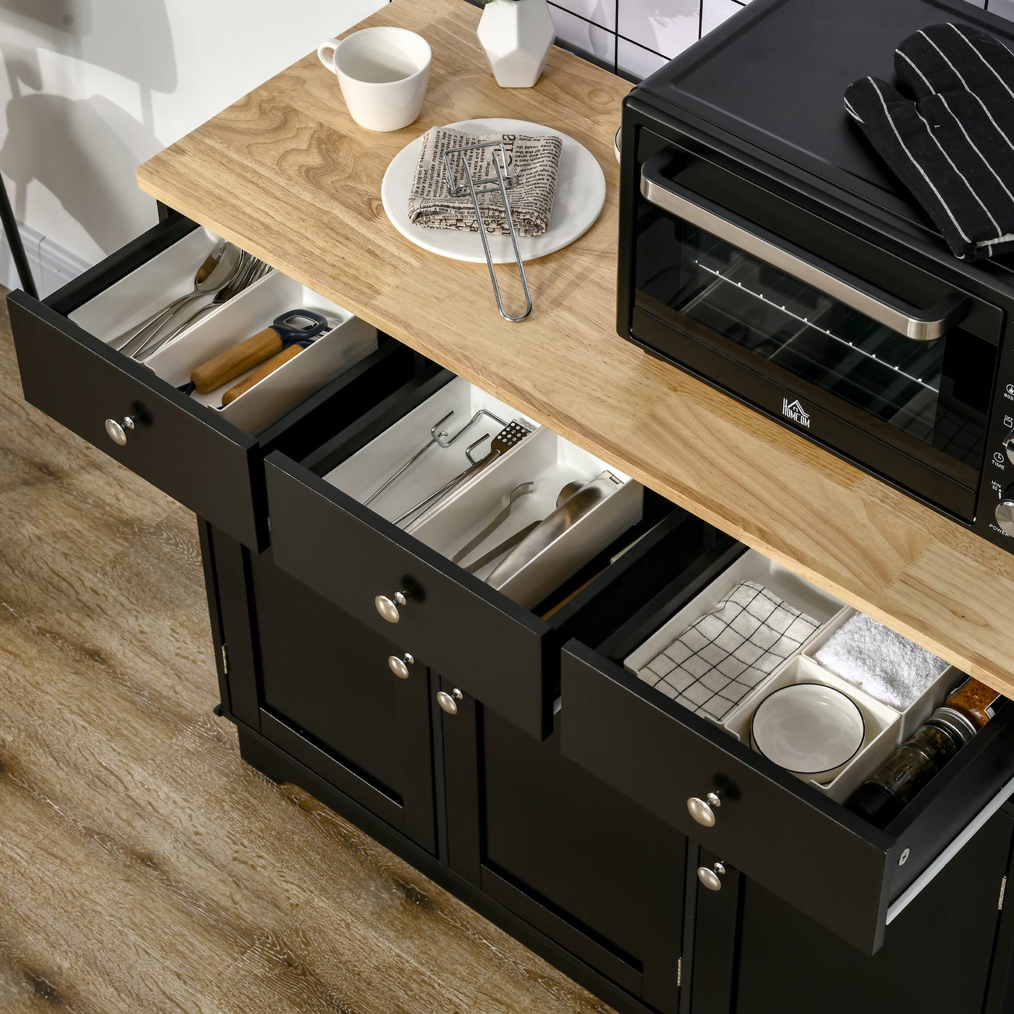 Totoro Black Sideboard With Natural Top 3 Doors 3 Drawers 3 Shelves
