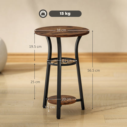 Neri Rustic Brown Wooden Round Side Table With 3 Tier Storage Floral Design