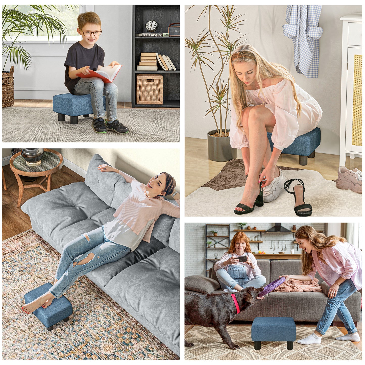 Fatopa Linen Blue Cube Footstool With 4 Plastic Feet