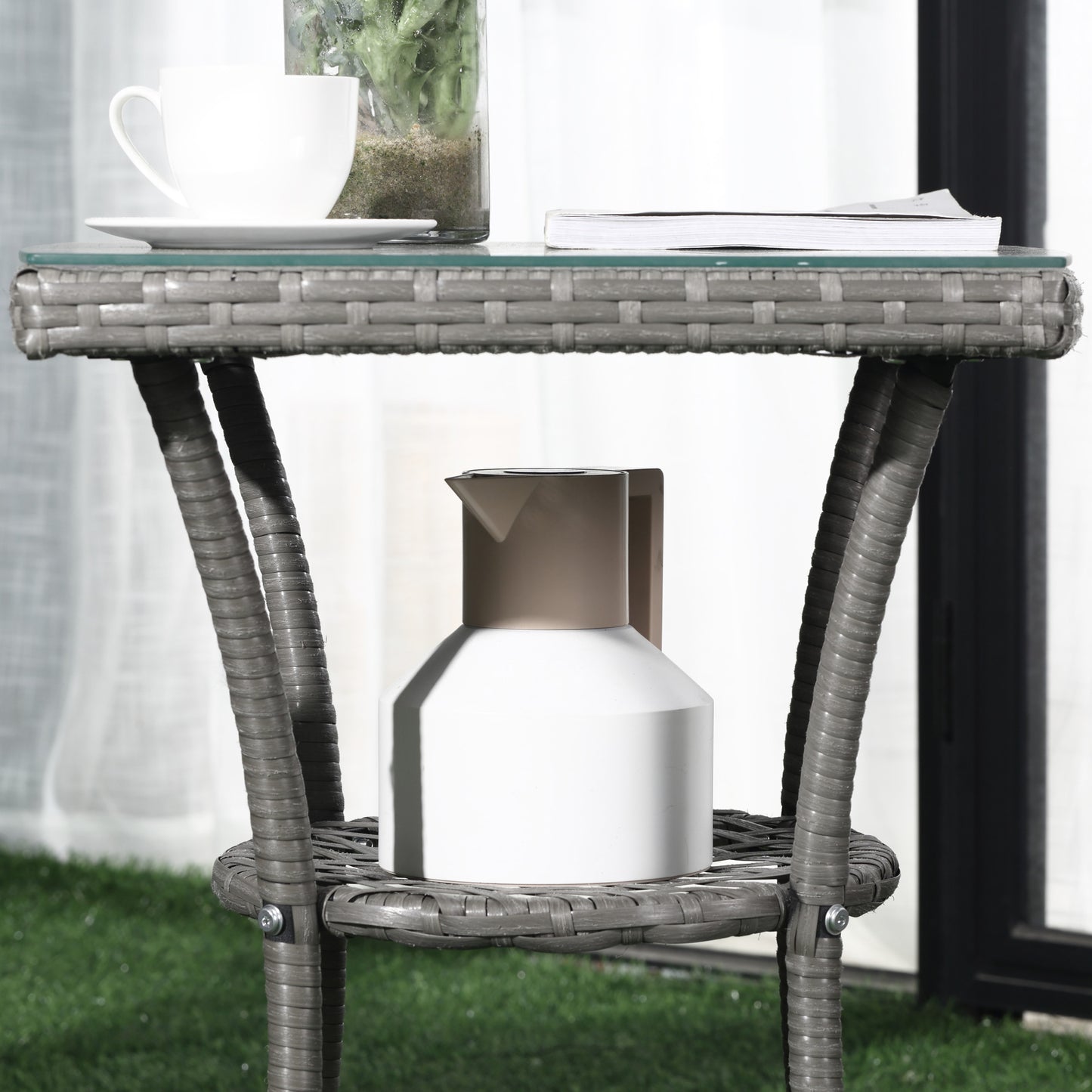 Ranoyo Ziba Grey Rattan 3 Piece Garden Bistro Set With 2 Tier Coffee Table