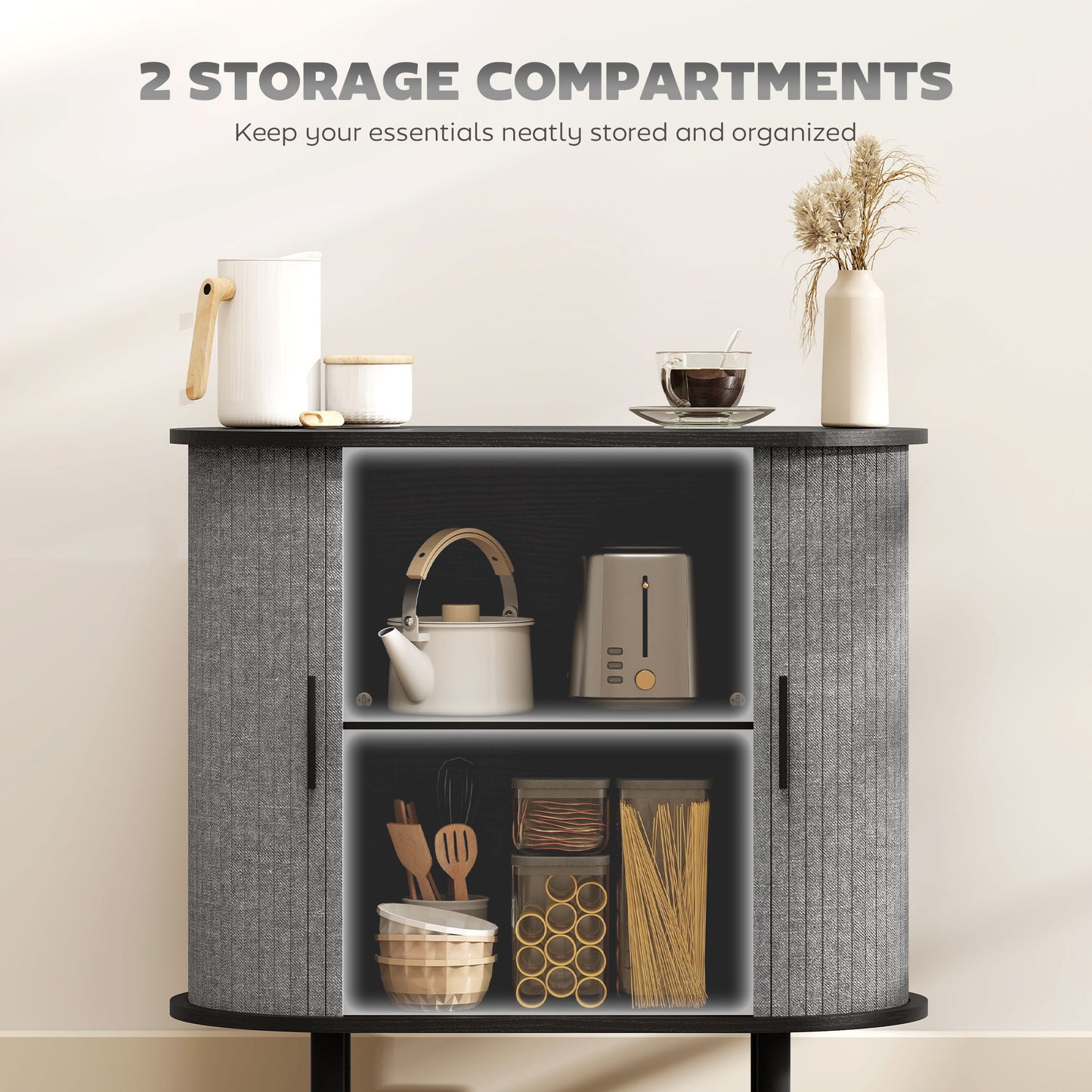 Rafa Vela Grey Tambour Sideboard With Fluted Sliding Doors And Wooden Legs