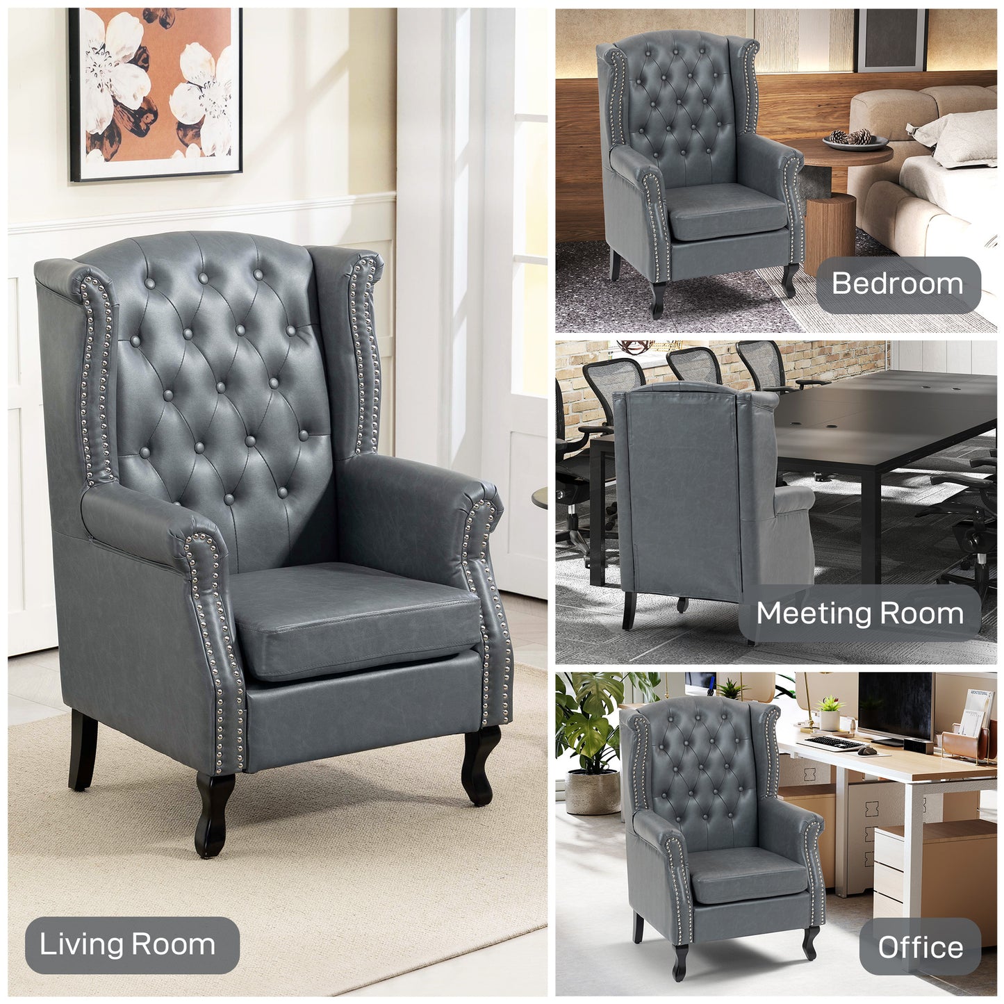 Radima Grey Faux Leather Chesterfield Wingback Accent Armchair With Nail Head Trim