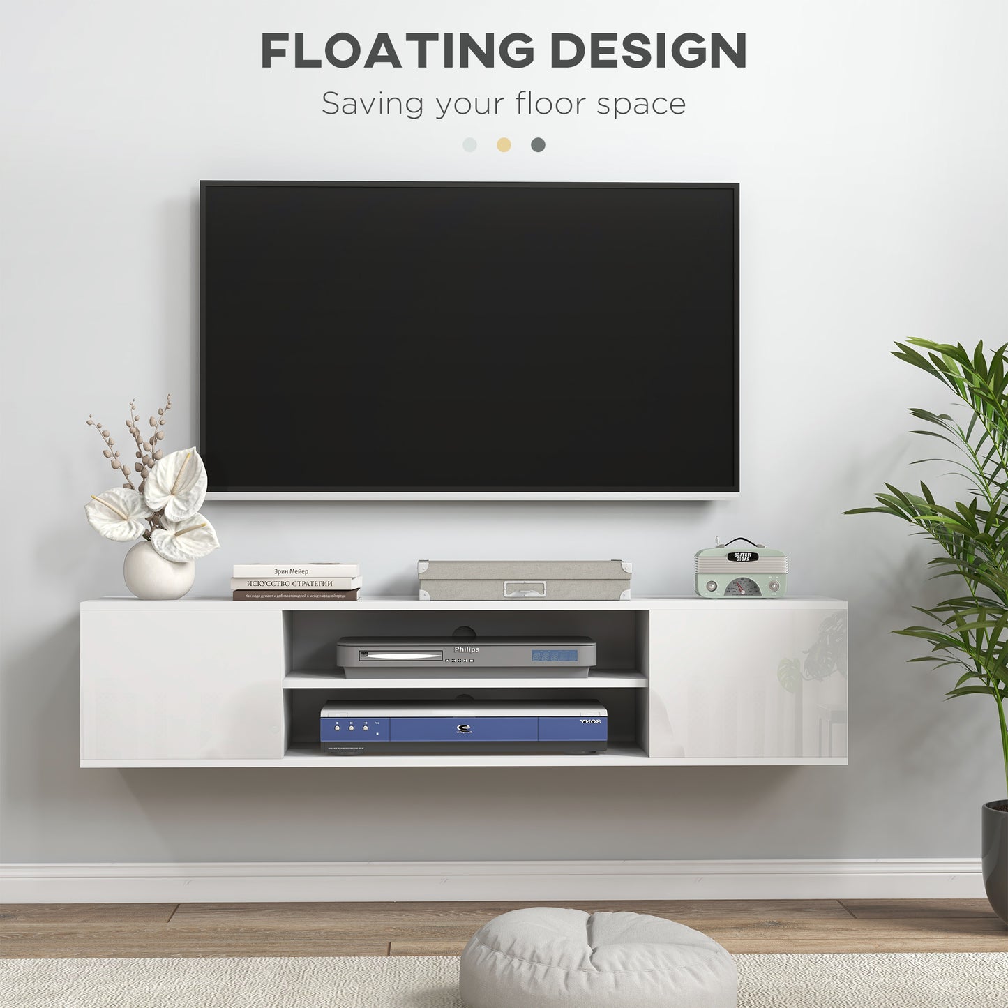 Lumipa 140cm High Gloss White Floating TV Stand With Open Shelves And Doors For Screens Up To 60 Inches