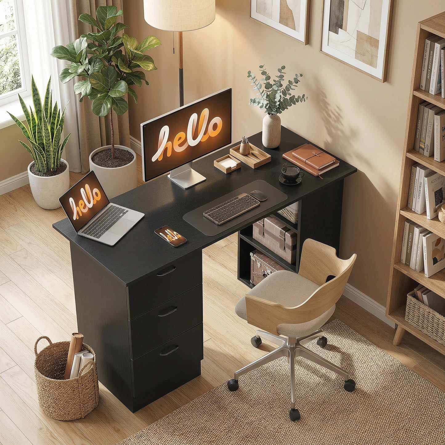 Malilu 120cm Wooden Black Home Office Desk With 3 Shelves And Drawer Storage