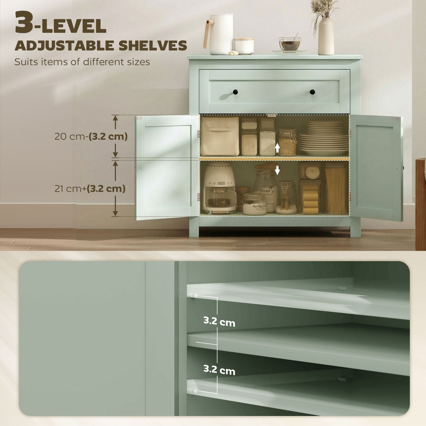 Luhaso Wooden Green Modern Sideboard With Drawers Adjustable Shelves And Double Doors