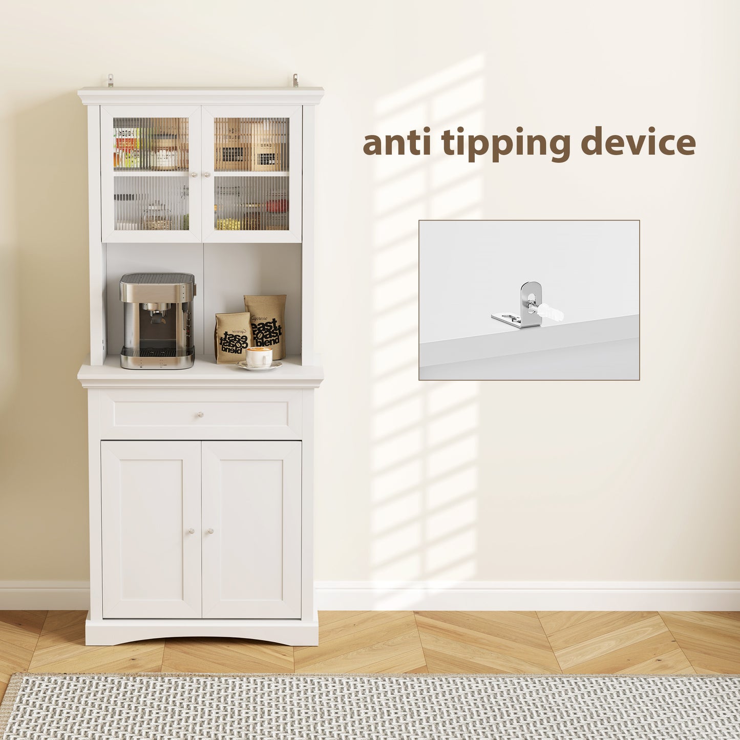 Tole Wooden White 4 Door Kitchen Cupboard With Drawer Glass Doors And OFauxn Counter