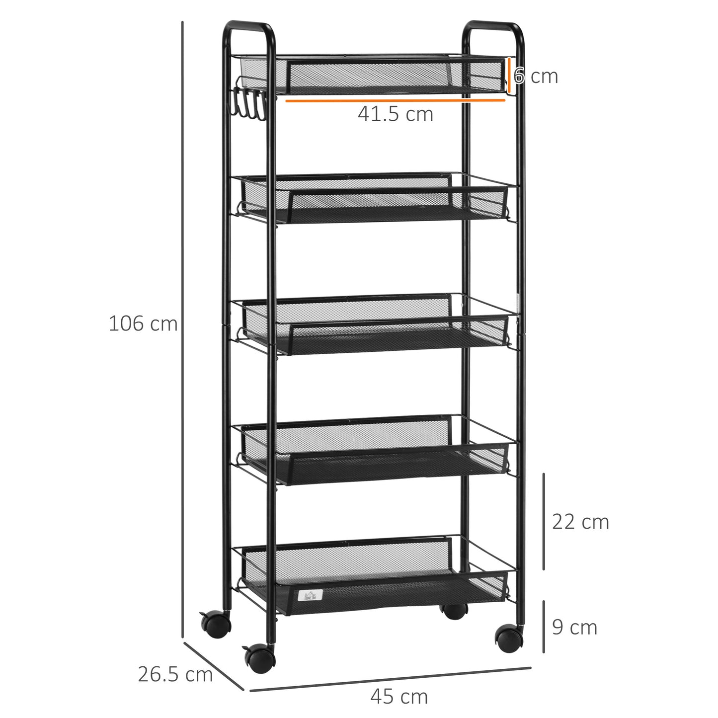 Velu Metal Black 5 Basket Steel Storage Trolley With Wheels