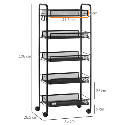 Velu Metal Black 5 Basket Steel Storage Trolley With Wheels