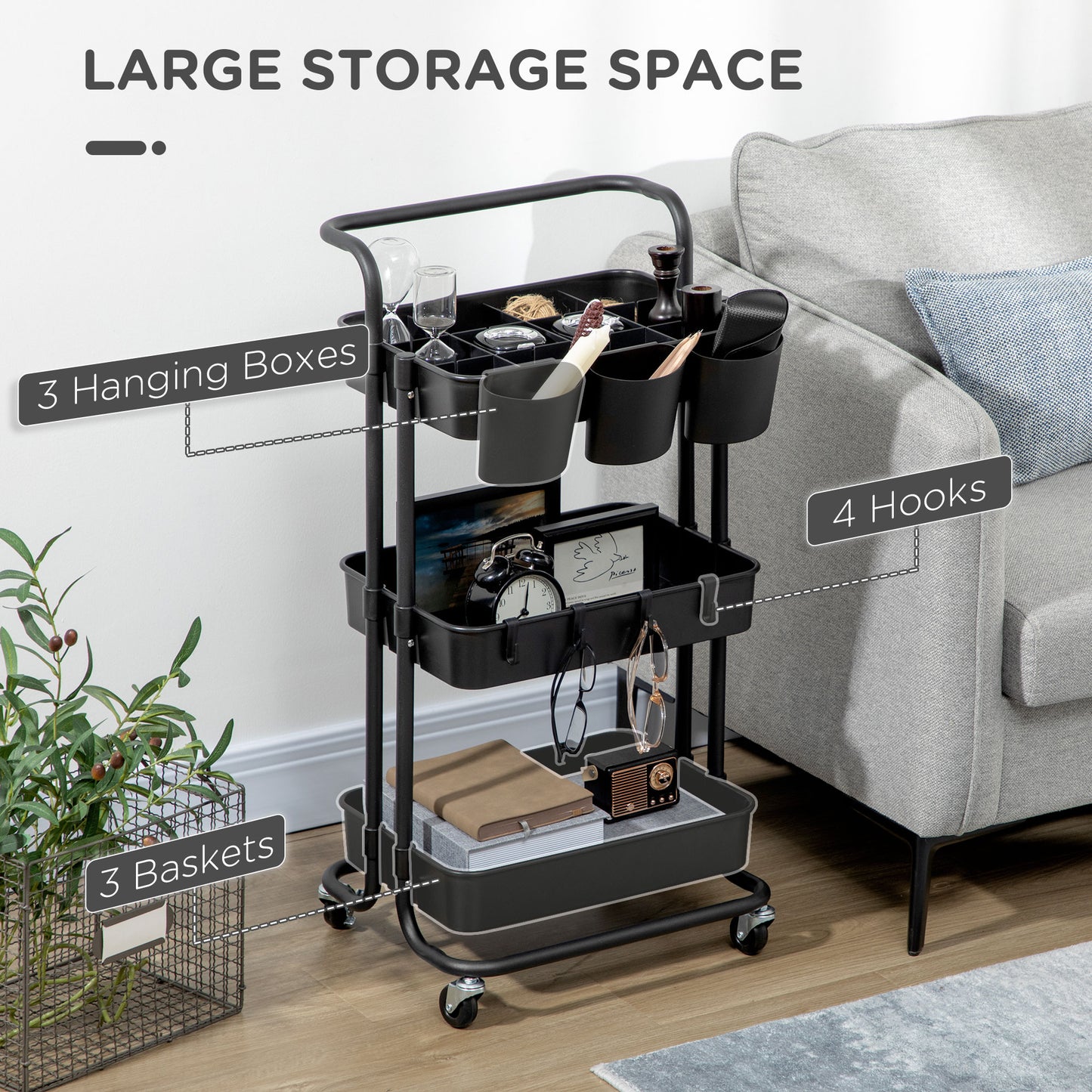 Nirelu Metal Black 3 Tier Home Trolley With Handle And Wheels