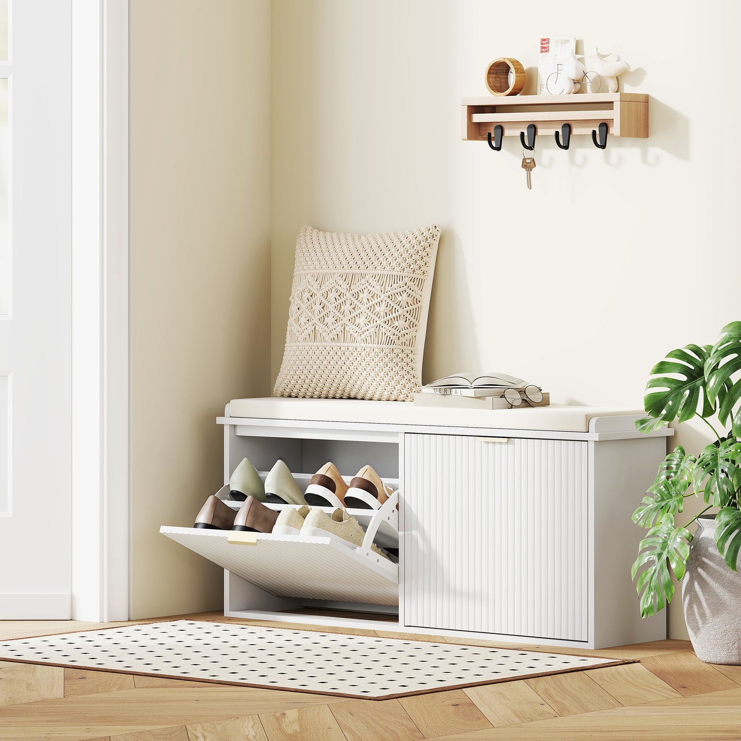 Fasu Liha Wooden White 10 Pair Shoe Bench With Cushioned Top