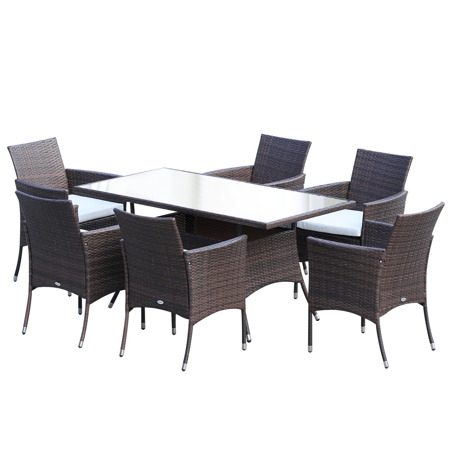 Dine Rattan Brown 6 Seater Outdoor Dining Set With Cushioned Armchairs And Rectangular Glass Table