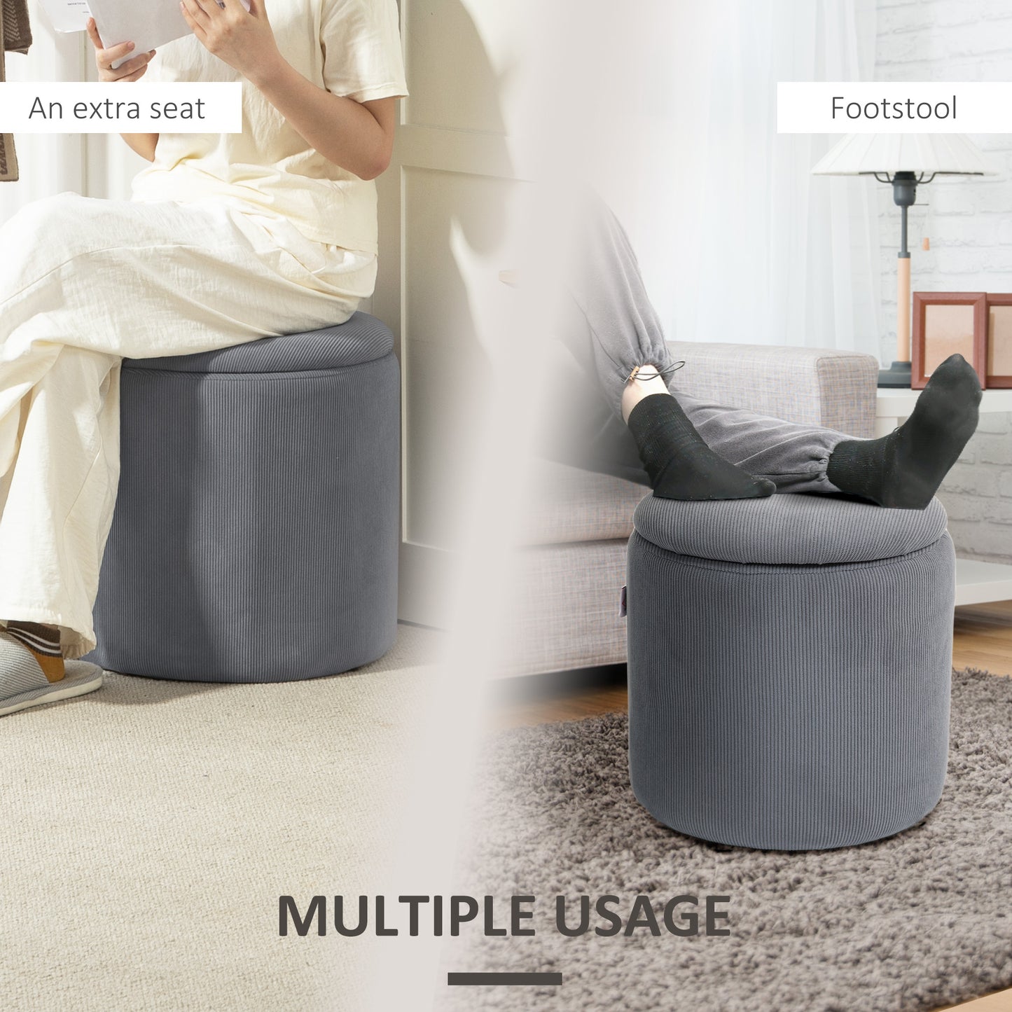 Seleco Set Of 2 Corduroy Grey Round Storage Ottomans