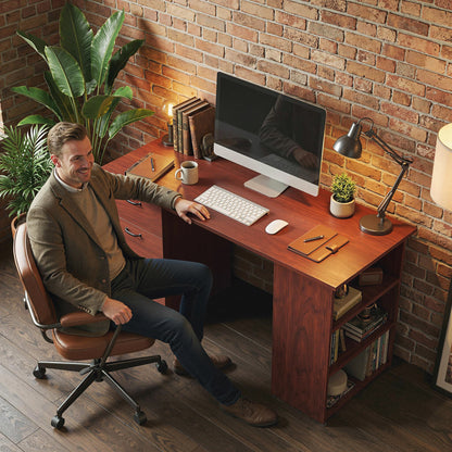 Mimi 120cm Wooden Walnut Brown Home Office Desk With 3 Shelves And Drawer Storage