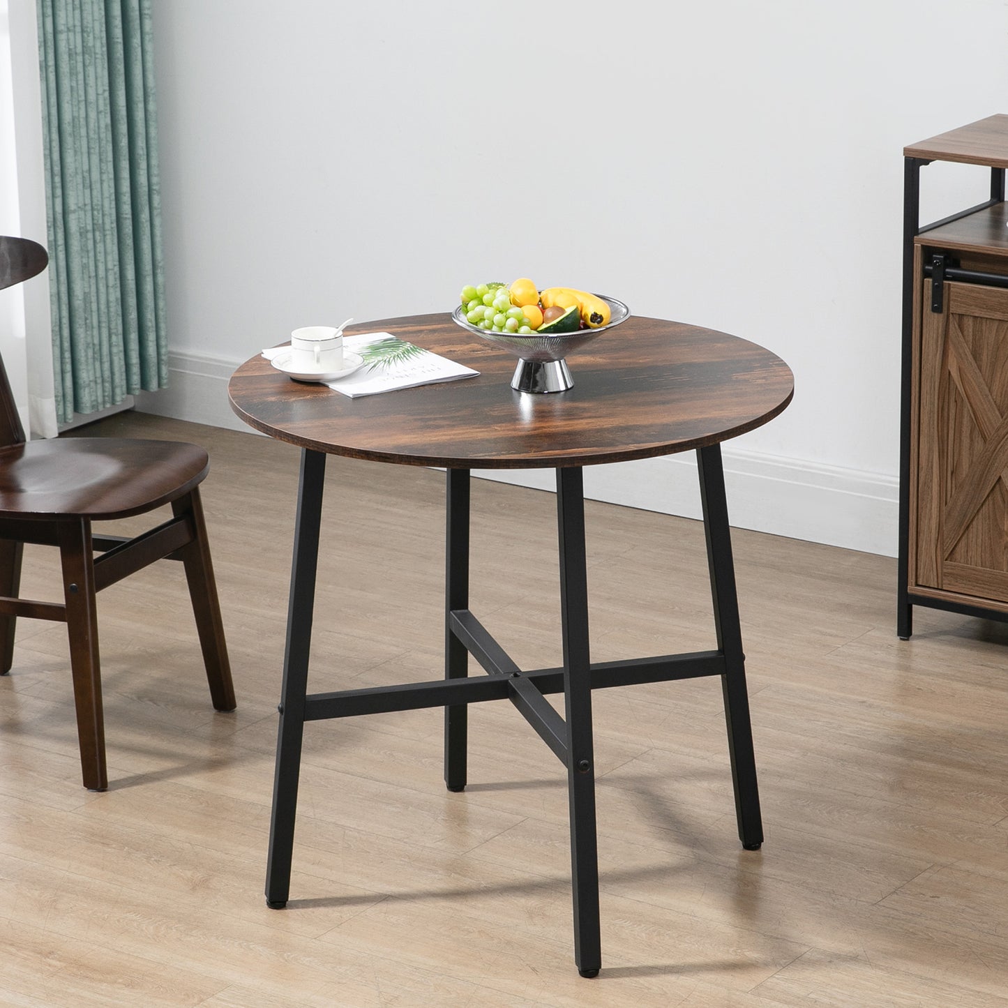 Vizina Metal And Wood Rustic Brown Round Industrial Dining Table 85cm
