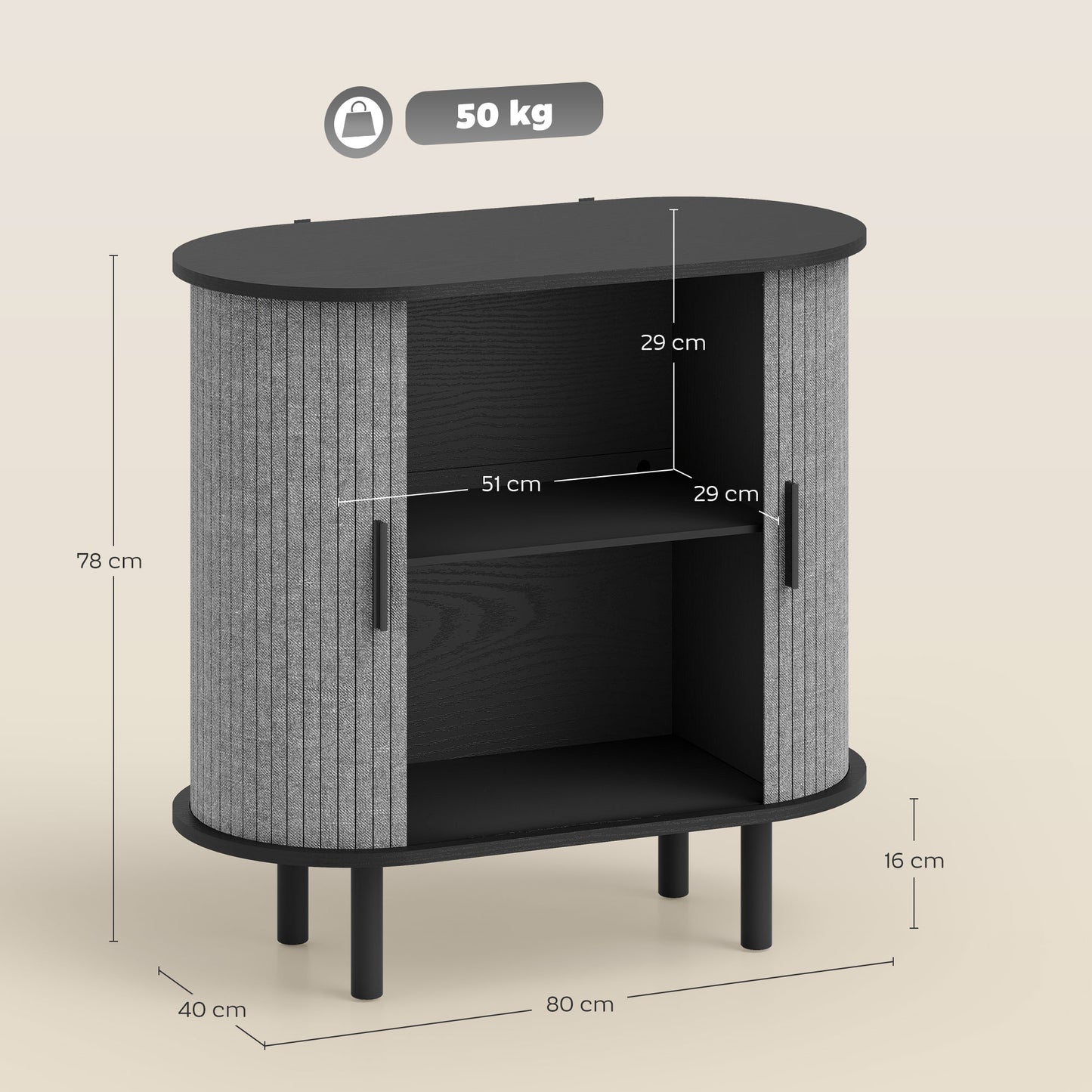 Rafa Vela Grey Tambour Sideboard With Fluted Sliding Doors And Wooden Legs