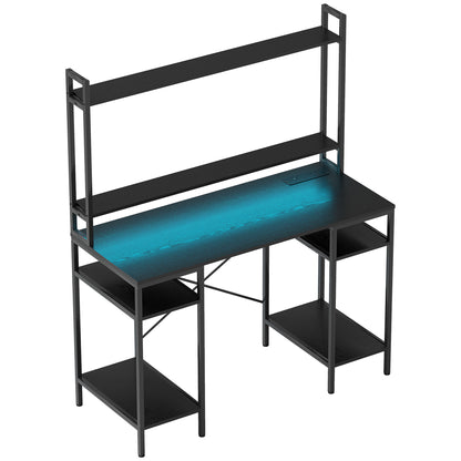 Difato 120cm Black Gaming Desk With Power Outlets LED Lighting Monitor Stand And Shelving Hutch