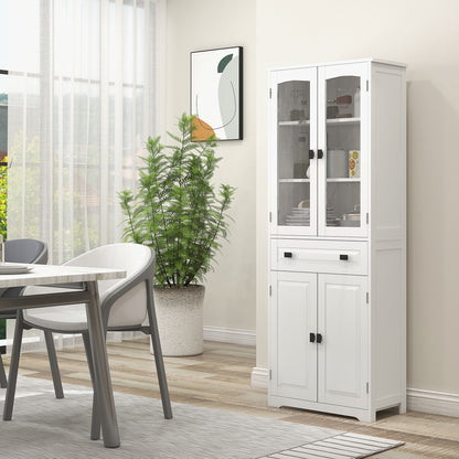 Cotase 160cm Wooden White Kitchen Cupboard With Adjustable Shelves Drawer And Glass Door