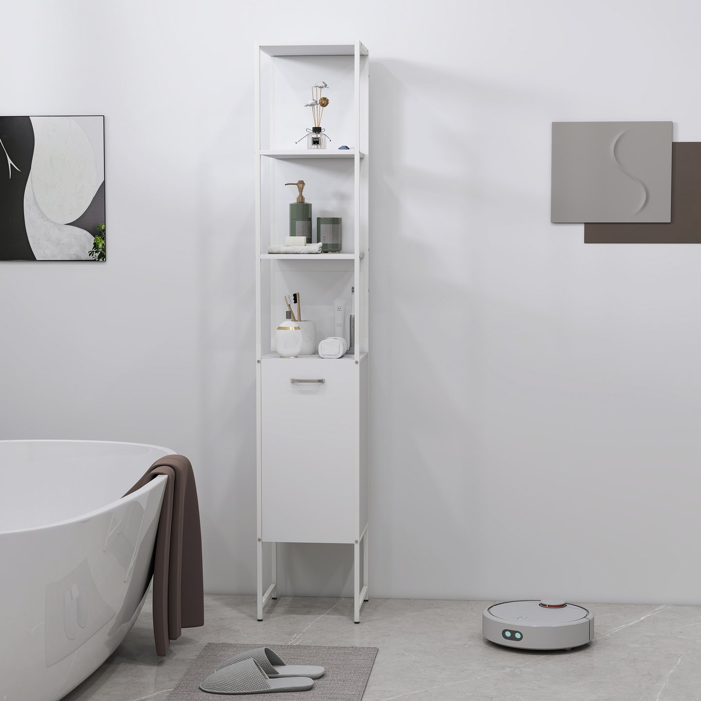 Neliha Tall Bathroom Storage Cabinet With OFauxn Shelves And Adjustable Interior White