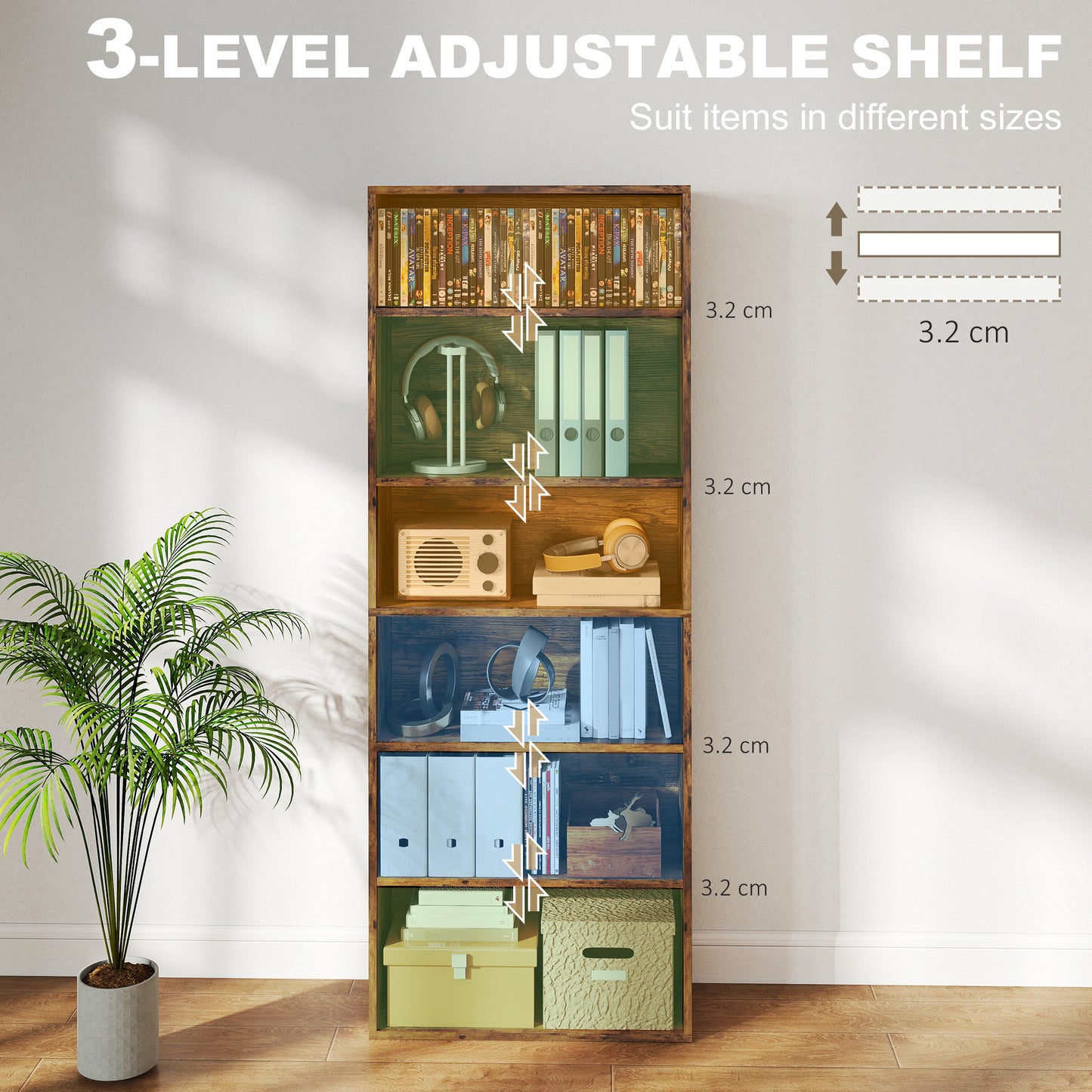 Loama Wooden Rustic Brown 6 Tier Storage Bookcase