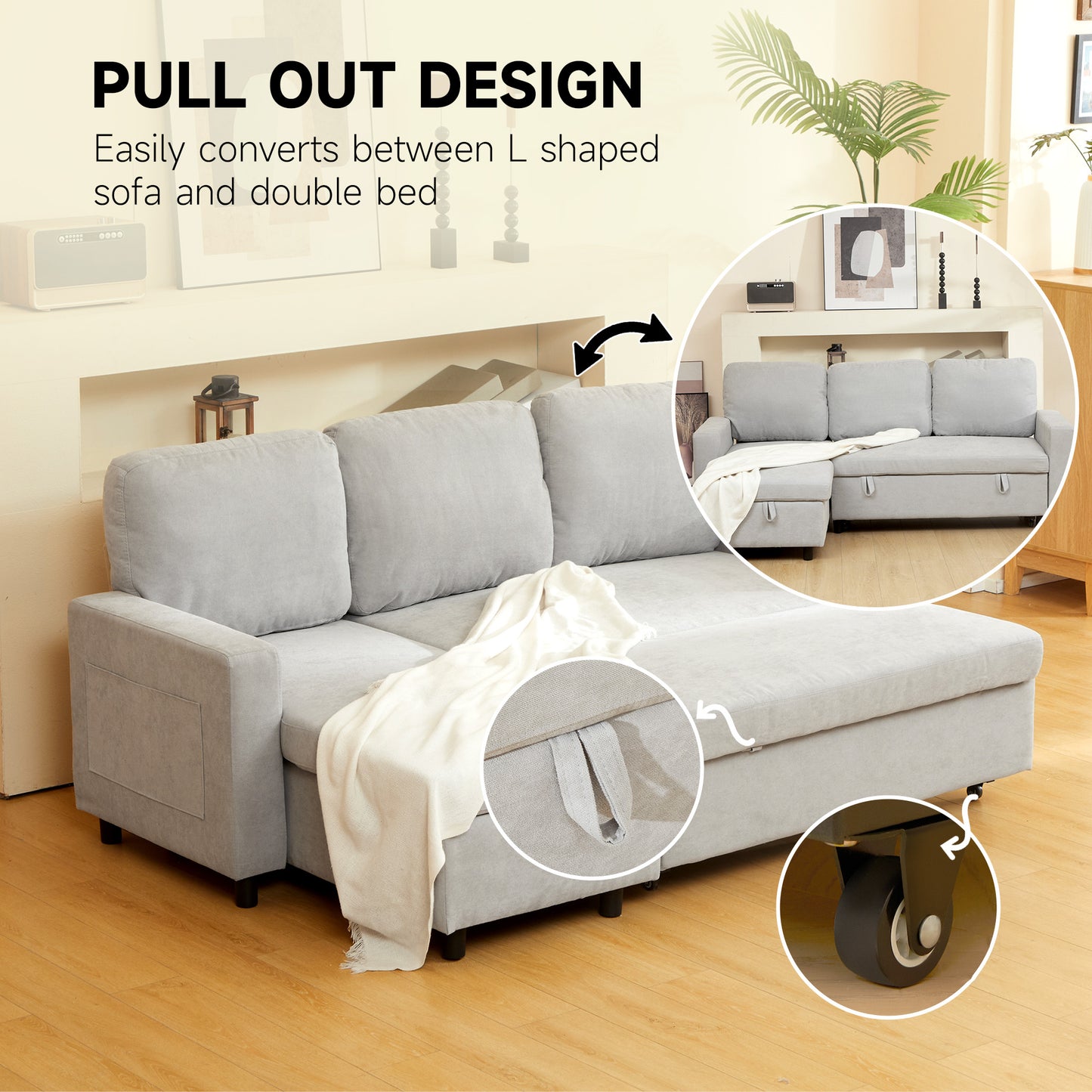 Tafaha Light Grey Pull Out Sofa Bed With Storage and Side Pockets