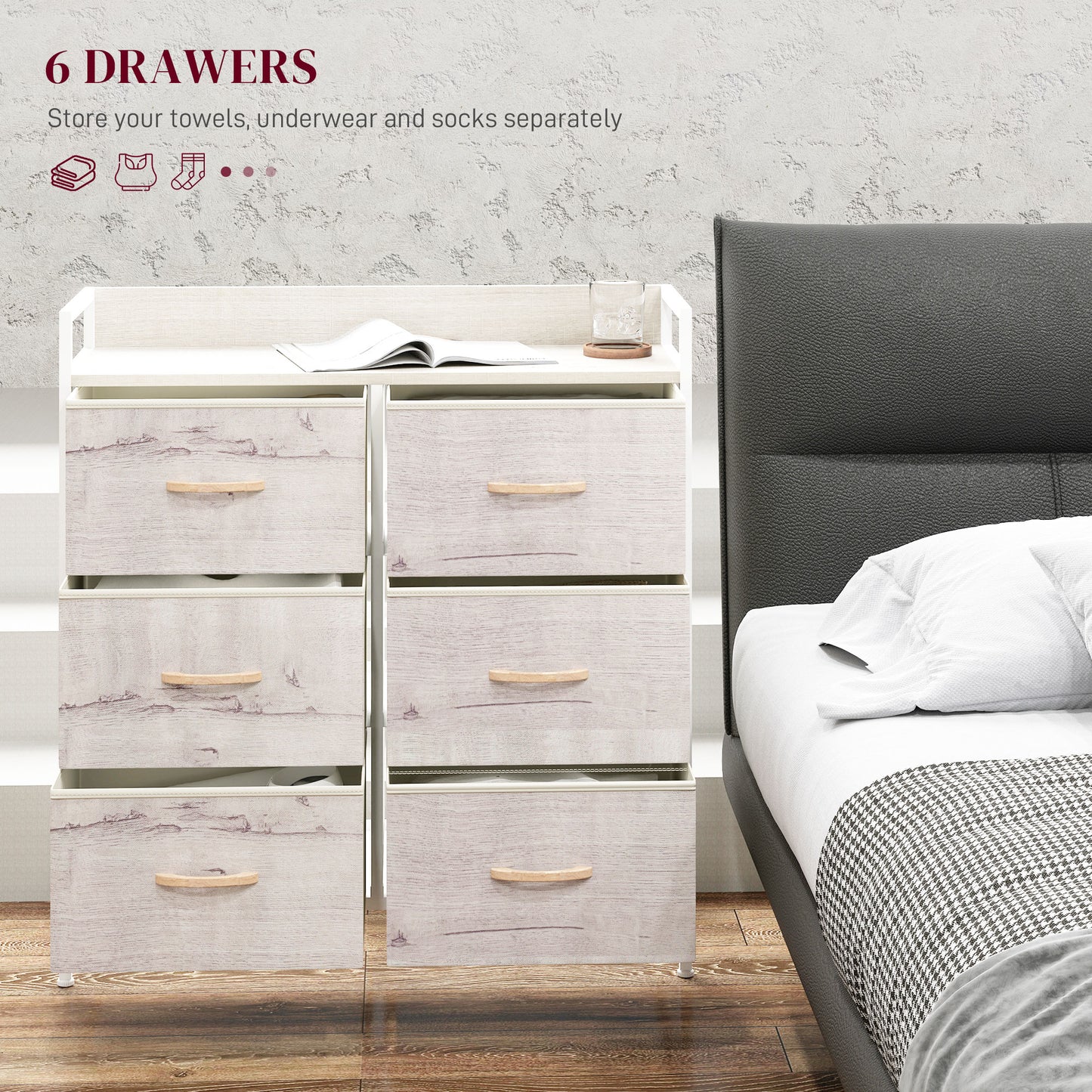 Fisufi Fabric And Wood Natural Finish 6 Drawer Rustic Storage Chest