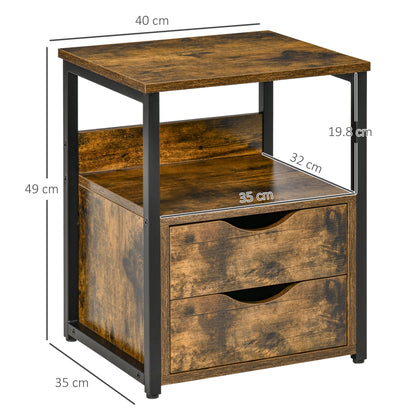 Dikedo Set Of 2 Industrial Metal And Wooden Rustic Brown Bedside Tables 2 Drawer And Shelf