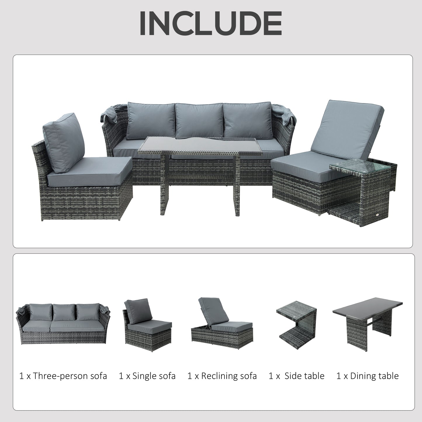 Mosone Rattan Grey 5 Seater Reclining Outdoor Sofa Set With Canopy and 2 Tables
