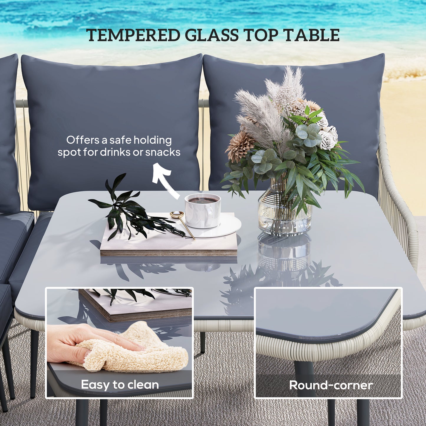 Vika Natural Rattan Grey 7 Seater Garden Sofa Set with Coffee Table and 2 Stools