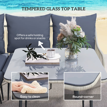 Vika Natural Rattan Grey 7 Seater Garden Sofa Set with Coffee Table and 2 Stools