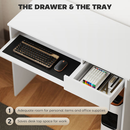 Lohalu 100cm Wooden White Compact Home Office Desk With Keyboard Tray And Drawer Storage