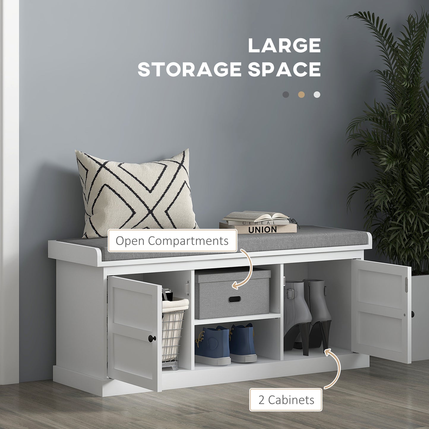 Lire Wooden White And Grey Multi Compartment Shoe Bench With Cushioned Top