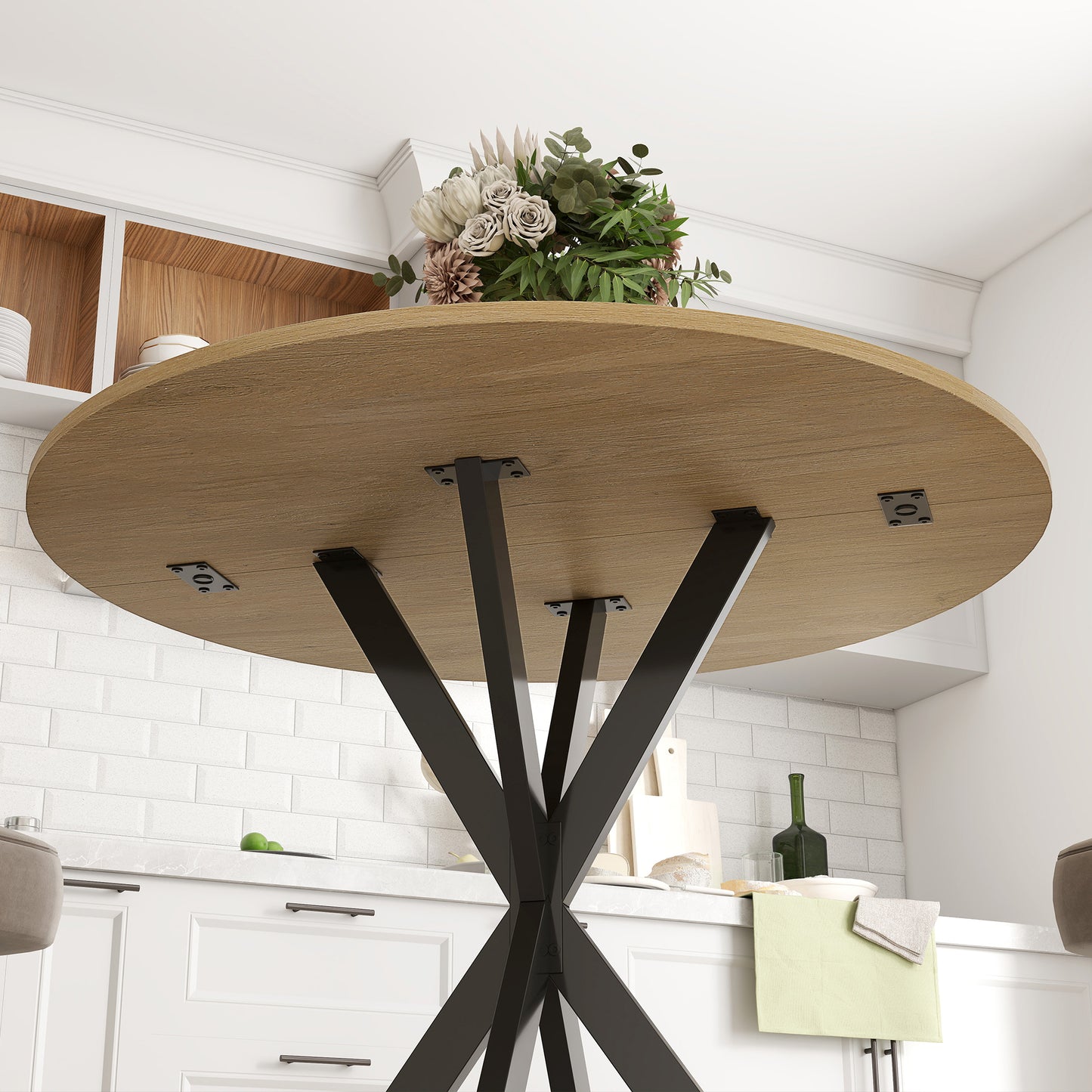 Mihafi Metal And Wood White Oak Finish Industrial Round Dining Table 80cm