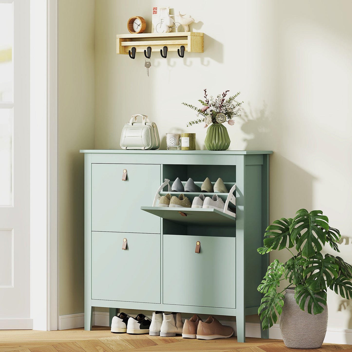 Margarita Wooden Mint Green 4 Drawer Shoe Cabinet Faux Leather Handles