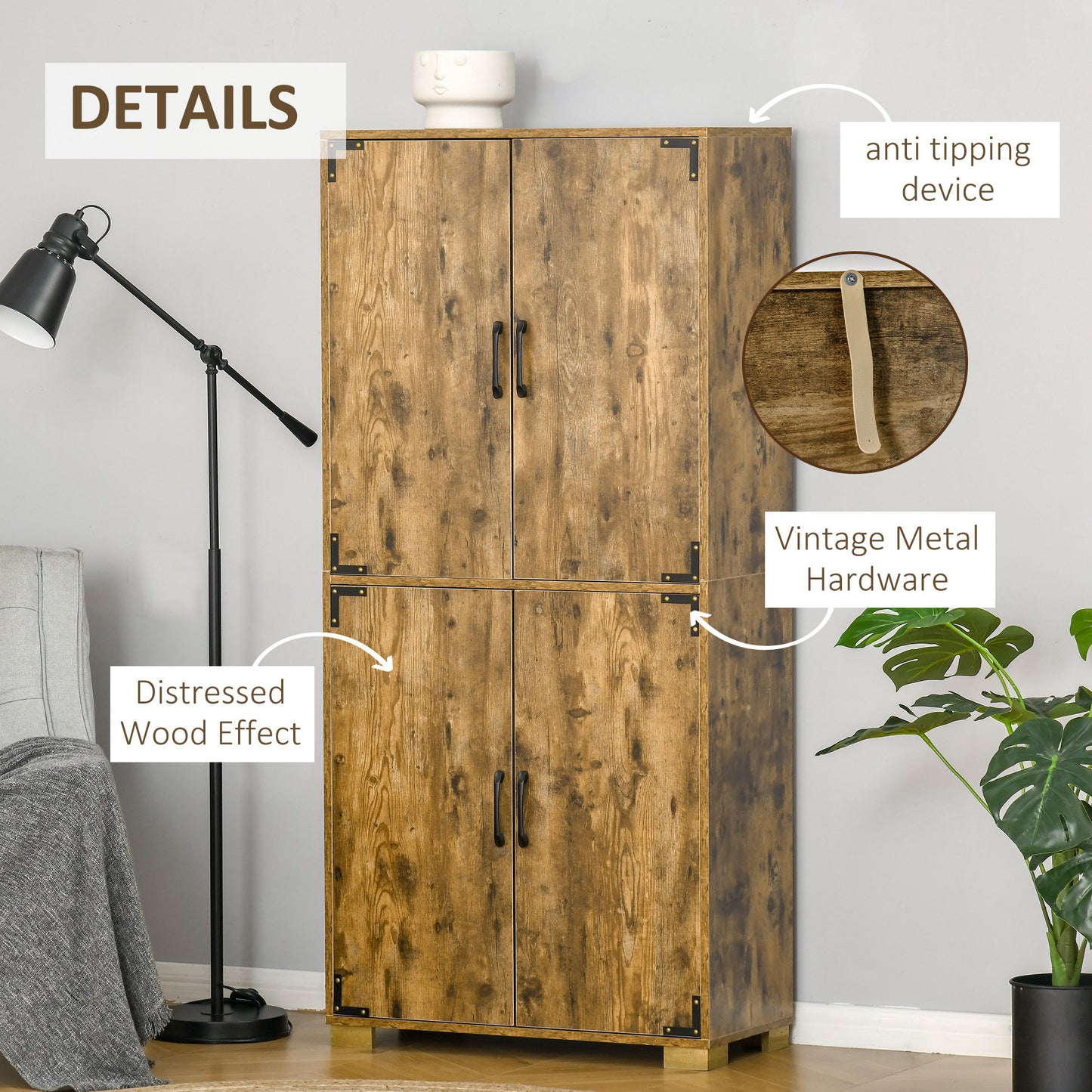 Mara Rustic Wood Effect Tall Farmhouse Storage Cabinet With 4 Doors And Internal Shelves
