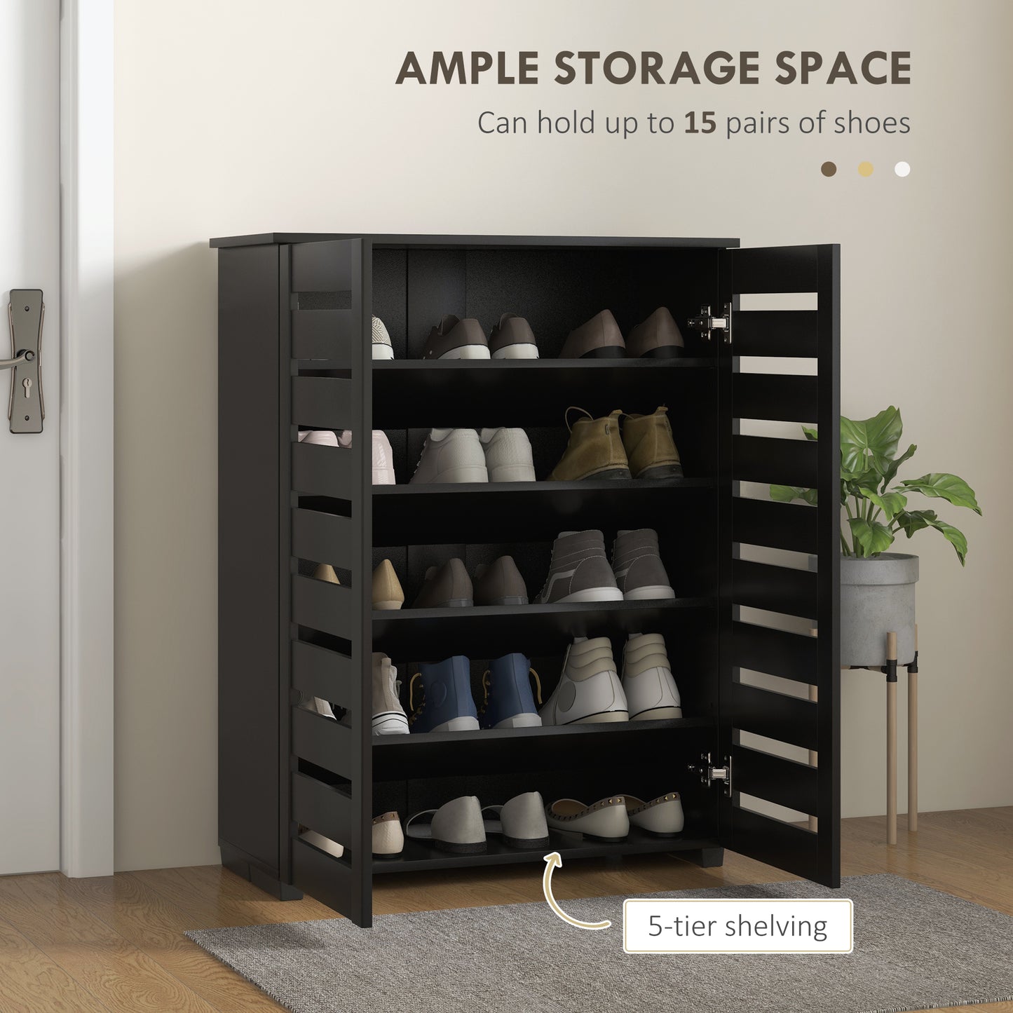 Kamoza Black Wooden White Slim Entryway Shoe Cabinet With 5 Tier Storage And Slatted Doors