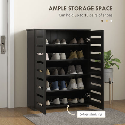 Kamoza Black Wooden White Slim Entryway Shoe Cabinet With 5 Tier Storage And Slatted Doors