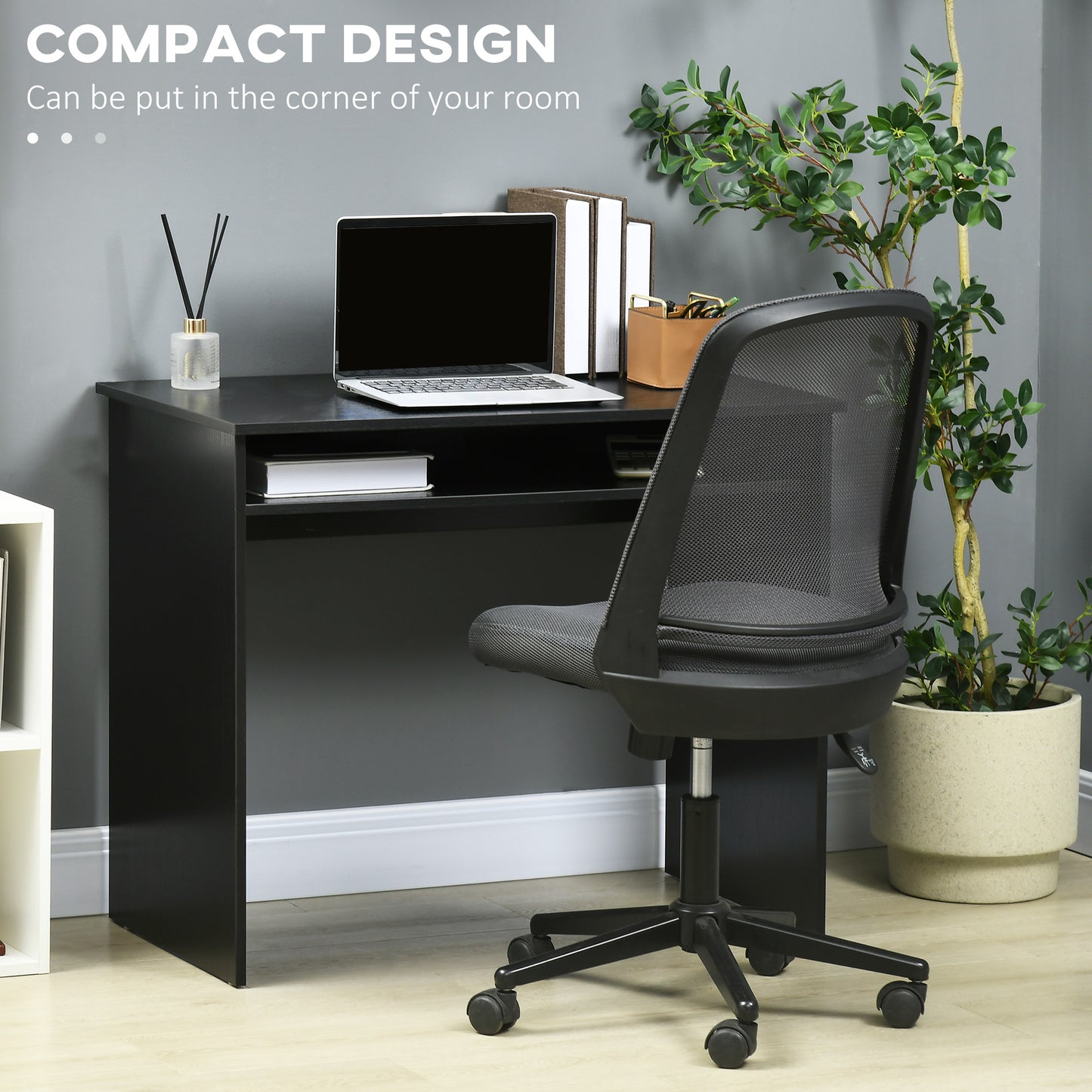 Biretti 90cmvWooden Black Wood Grain Compact Desk With Storage Shelf