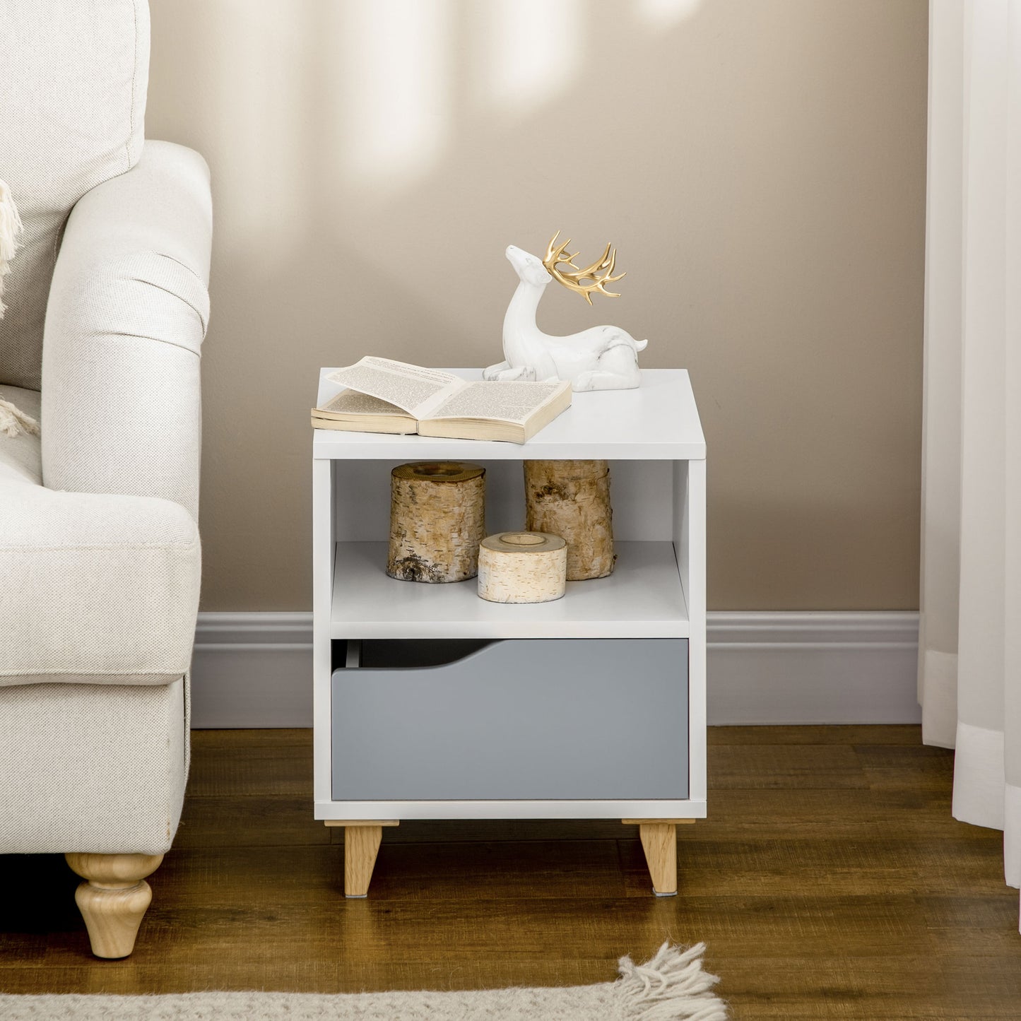 Tavimo Wooden Set Of 2 White And Grey Modern Bedside Tables With Drawer And Shelf